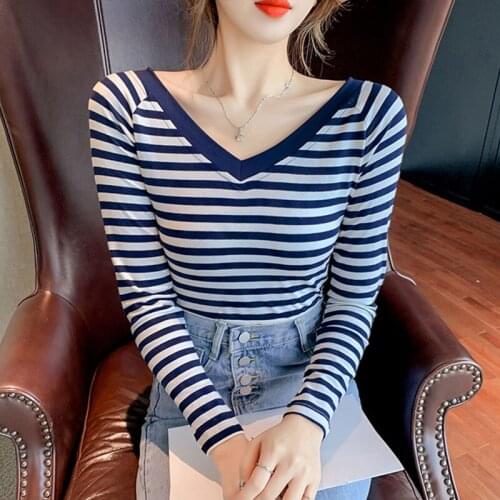 2021 Autumn Striped Cotton Tshirt Women V Neck Long Sleeve Plus Size 3XL Basic Slim Woman Tops Casual Fashion Tee Shirt Female