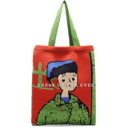 Female Bag Wool Knitted Shoulder Shopping Bag for Women Cartoon Vintage Fashion Cotton Cloth Girls Tote Shopper Large Handbag
