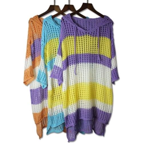 Summer Chic Hooded Striped Hollow out Knitted Harajuku Loose Casual Long Top Fashion Half-sleeved Wild Sunscreen Women Clothing