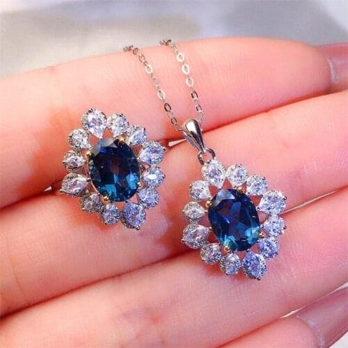 New Luxury Bridal Jewelry Sets Silver Color Elegant Blue Crystal Jewelry Set Adjustable Open Rings Necklace Sets For Women