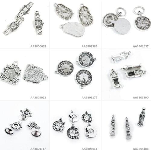 Antique Silver Tone Jewelry Charms Bell Tower Rabbit Bunny Clock French Horn Grandfather Pocket Time Watch Craft Making Supplies