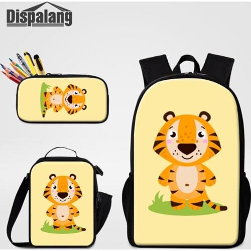 Cute Cartoon Animal School Backpack 16 inch School Bags Tiger 3D Printing Children Pencil Case 3pcs/set Thermal Cooler Pouch Bag