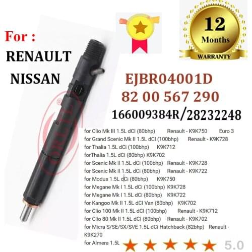 Diesel EJBR04001D 8200567290 166009384R Common Rail Injector 28232248 for RENAULT NSSAN K9K750 K9K728 K9K712 K9K702