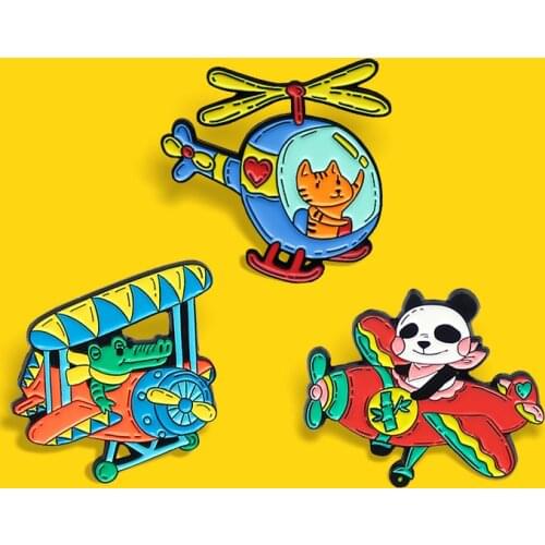 Cartoon Plane Enamel Pin Crocodile Panda Cat Kittens Driver Pilot Funny Color Aircraft Brooches Lapel Badge Jewelry for Kids