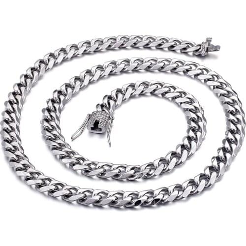 GNAYY Punk Mens Bling Jewelry AAA CZ Stone stainless steel 13mm wide curb chain necklace Polished 76cm (30 inch)