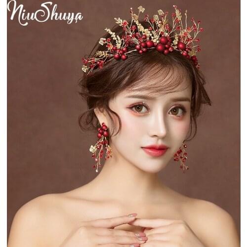 NiuShuya Bridal Handmade Crown Tiaras Baroque Red Pearl Crystal Wedding Hairbands Hair Accessories Bride Headband Hair Jewerly