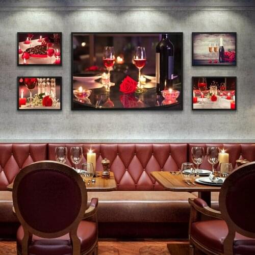 Red Wine Glass Red Rose Flower Heart Shape Candle Wall Art Canvas Poster Home Decor Nightlife Poster for Dinnerroom Decoration