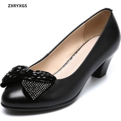 2021 New Crystal Bowknot Genuine Leather Shoes Women Fashion Shoes High Heels Large Size Light Soft Comfortable Shoes Black