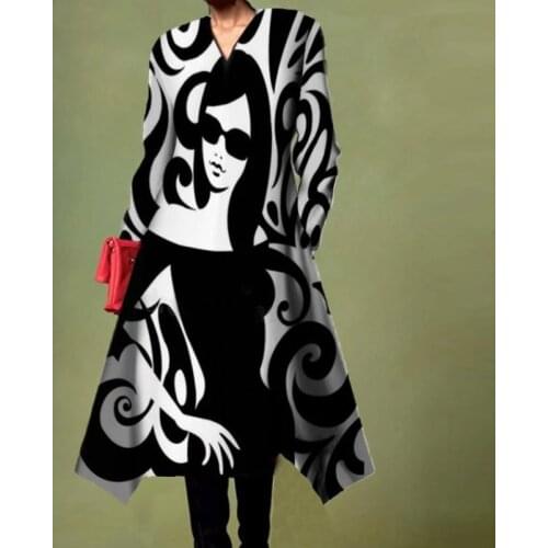 Retro Abstract Girls Printed Midi Party Dress 2021 Spring Long Sleeve Pocket A-Line Dress Women V Neck Elegant Summer Dress 3XL
