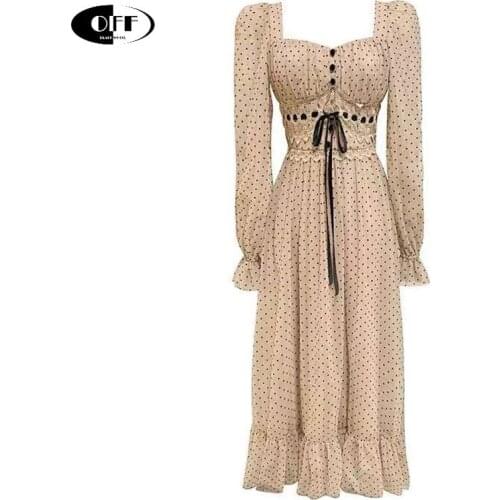 Summer Spring Polka Dot Midi Dresses For Women Puff Sleeve High Waist Square Collar French Chic Party Night Dress Lady Female ZA