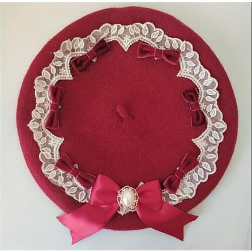 Vintage Pearl Red Bow Beret Flat Cap Womens Sweet Lolita Girl Fall Winter Warm Painters Hat B1523