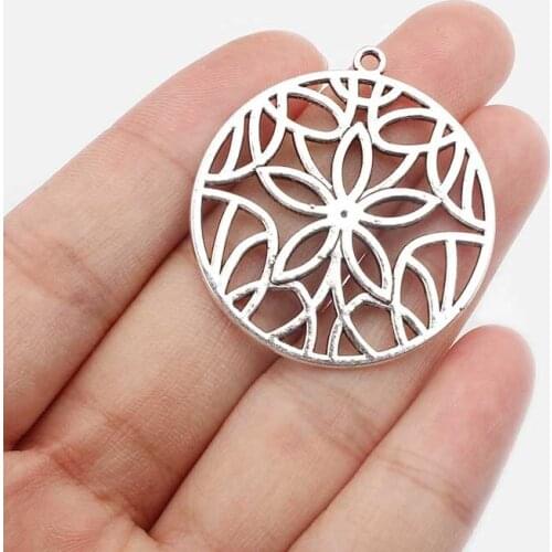 10PCS Antique Hollow Open Lotus Flower Charms Round Pendant for Necklace Jewelry Findings 37x34mm