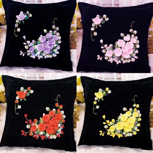 DIY Ribbon Embroidery Flower Rose Cushion Pillow, Pillowcase, Handmade Needlework Cross Stitch Kit Home Accessories A-0033