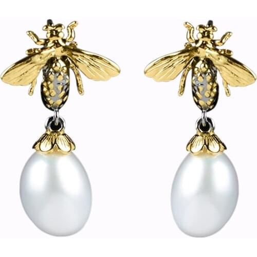 Bee-hook earrings handmade with 925 silver pearl drop earrings