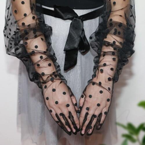 Cham Opera Polka Dot Formal Prom Lace Gloves Tulle Mesh Semi Sheer 33" 85cm Long Big Puff Sleeves Black Ball Gown Party cosplay