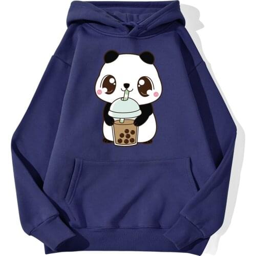Pearl Milk Tea Panda Kawaii Print Sweatshirt Female Warm Fashion Streetwear Fleece Autumn Hoody Street Hip Hop Hoodie Women