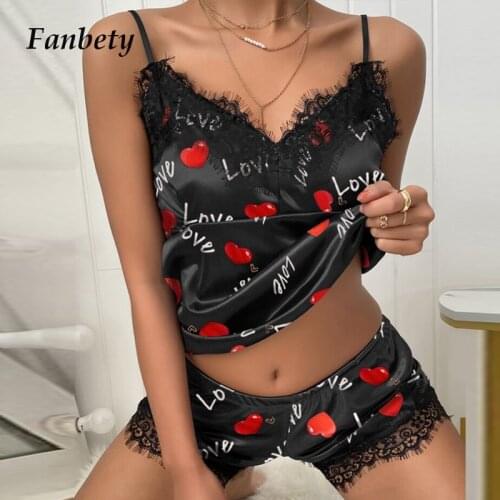 Women Sexy Sleeveless V-neck Vest Top + Lace Shorts Homewear Suits Summer Fashoion Print Casual Satin Soft Two Piece Sets Pajam