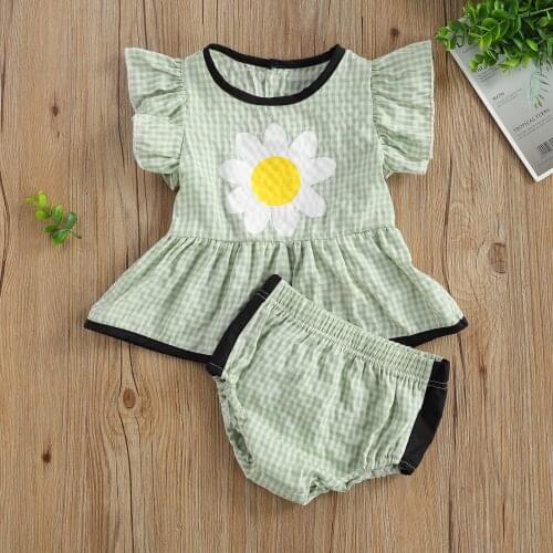 Toddler Baby Boys Girls Kids Sunflower Shorts Set Flounced Cuff Elastic Waist Crotch Panties Summer Ruffles Plaid Outwear
