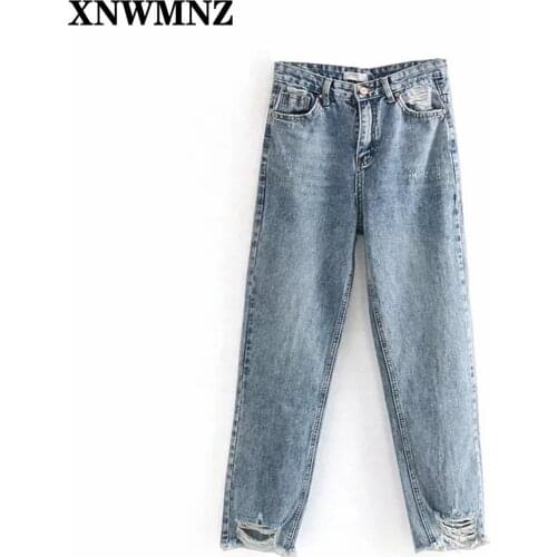 XNWMNZ 2021 ZA Blue Fashion Women Ripped Jeans Pants Long Trousers Boy Friend Style Pockets Buttons zip fly Female Pants