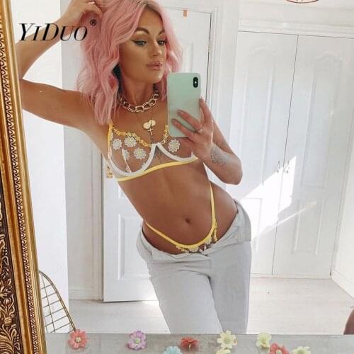 YiDuo Womens Sexy Applique Underwear Set Transparent Yellow Floral Embroidery Mesh Lingerie Set Erotic Bra Brief Sets Summer