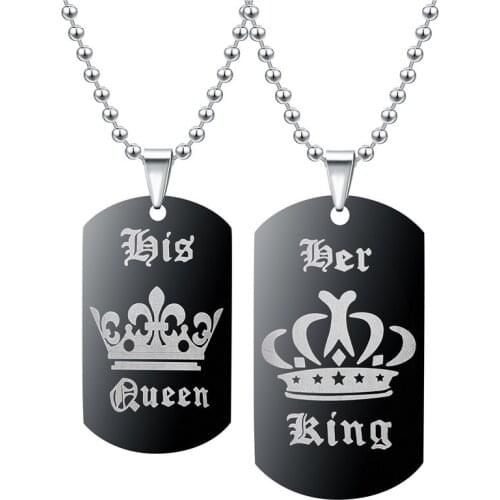 YWSHK Jewelry Popular Her King His Queen Stainless Steel Engraved Letters Black Dog Label Necklace Couple Valentines Day Gift