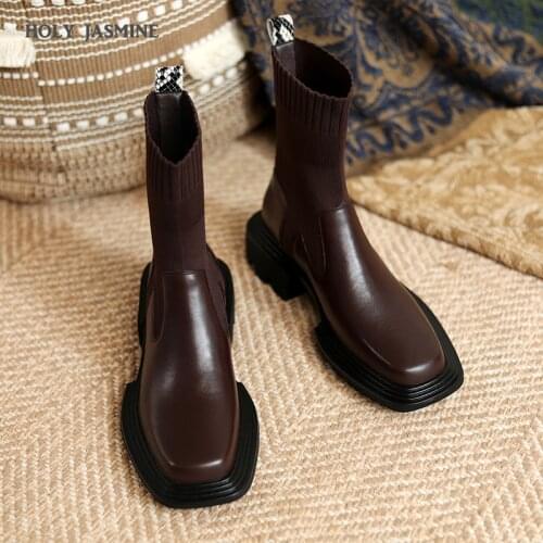 Genuine Leather Ankle Boots for Women Square Toe 2021 Autumn Winter New Fashion Casual Shoes Ladies Platform Boots Women Boots