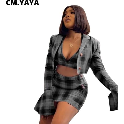 CM.YAYA Women Set Plaid Flare Sleeve Crop Blazers Coats + Vest + Mini Skirts 3 Piece Sets Office Lady Sexy Fashion Outfit Autumn