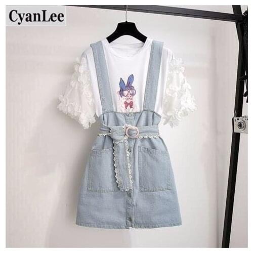 Plus Size New Summer Fashion Womens Sets Cartoon Petal Sleeve O Neck Tshirts + Single Breasted Denim Strap Skirts Student Suits
