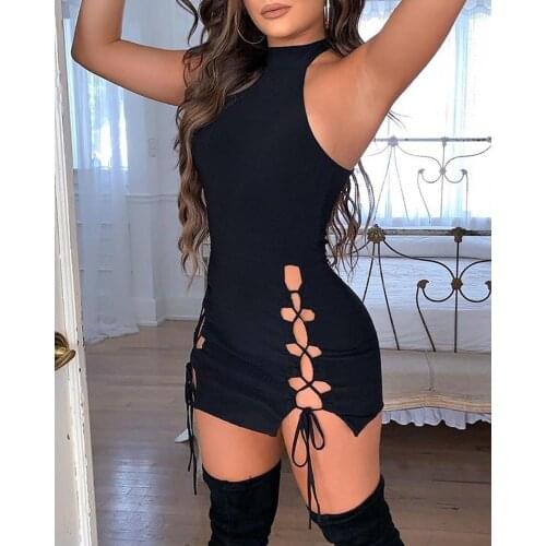 Summer Women Hollow Out Bodycon Dress Sexy Lace-Up Sleeveless Skinny Mini Dress Female Party Club Wearing Vestidos Clothes