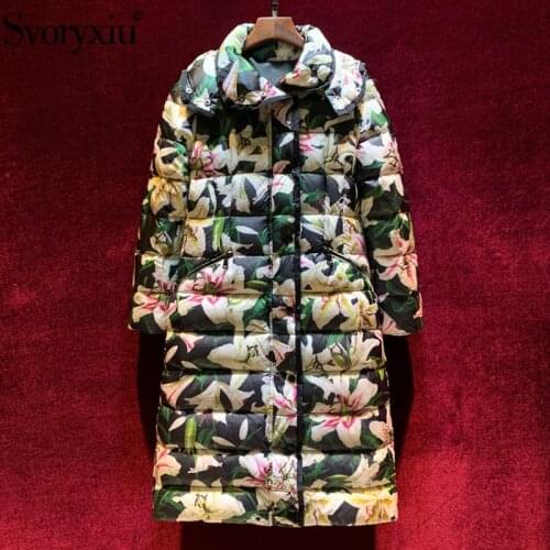 Svoryxiu Runway Winter High-End White Duck Down Overcoat Outwear Women Vintage lily Flower Print Long Sleeve Warm Down Coat