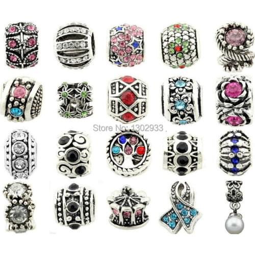 5pcs Vintage Silver Color Big Hole Beads Inlay Rhinestone Fit European Charm Bracelet Jewelry DIY Choose Style EE40