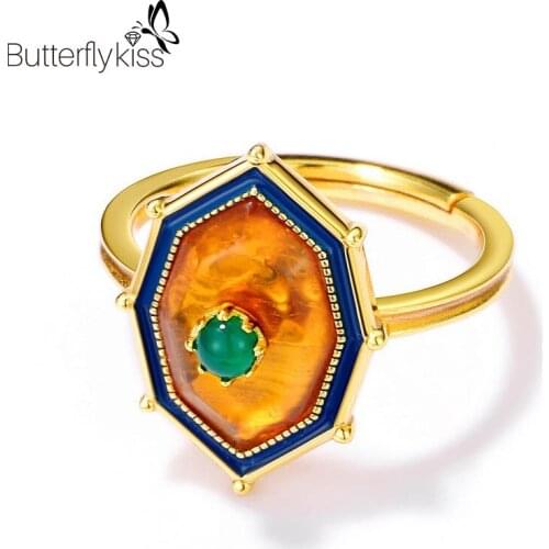 BK Vintage Open Rings Natural Amber Gemstone Lady Gifts 925 Sterling Silver Anniversary Geometric 2.89g Luxury Fine Jewelry