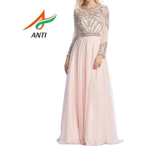 ANTI Sparkle Exquisite Pink Scoop Neck Evening Dresses Floor Length Long Sleeves Beadings Crystal Tulle Formal Gowns Custom Made
