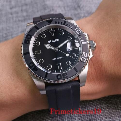 BLIGER Ceramic Bezel Insert MIYOTA 8215 Movement Sapphire Glass Mens Watch Auto Date Rubber Band