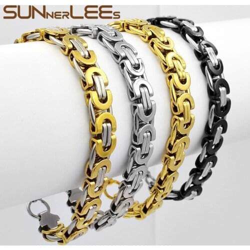 SUNNERLEES Stainless Steel Bracelet 6mm~11mm Box Byzantine Link Chain Silver Color Gold Plated Men Women Jewelry Gift SC07 B