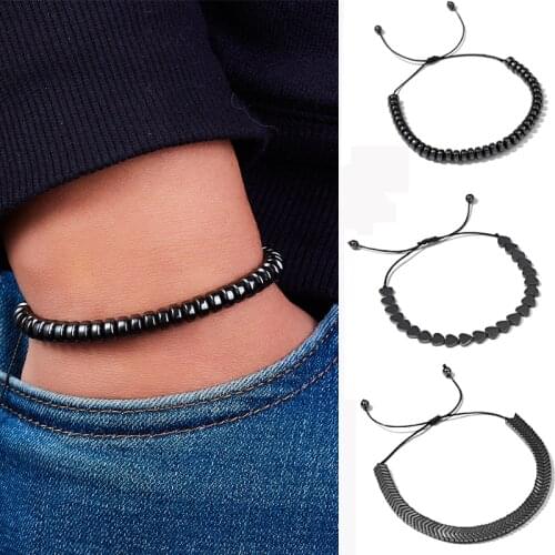 Simple Wild Geometric Bracelets For Men Love Flat Beads Black Gallstone Hand-woven Adjustable Bangle Bracelets Jewelry Wholesale
