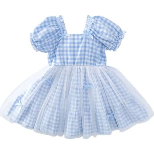 Childrens dress summer girl baby small square neck bubble sleeve plaid dress girl new bow knot net yarn princess dress 2-7Y