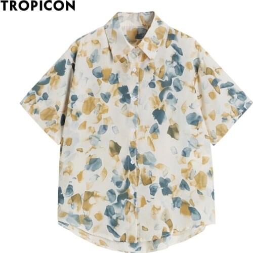 TROPICON Designer Short Sleeve Button Up Shirt For Women Floral Print Summer Tops And Blouses Beige Collared Hawaiian Shirt 2021