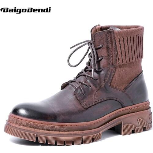 MUST HAVE ! Winter Cool Boots Men Genuine Leather Motorcycle Boots Trendy Lace Up Man Shoes Heighten