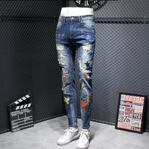 Hip Hop Mens Jeans Fashion Embroidery Hole Denim Pants Streetwear Casual Slim Fit Pencil Pants Korean Vintage Washed Blue Jeans