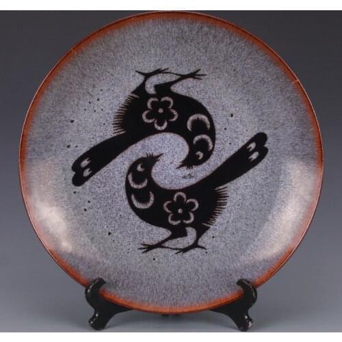 Antique SongDynasty porcelain plate,Jizhou kiln tiger skin glaze birds dish ,Hand-painted crafts,Decoration,Collection&Adornment