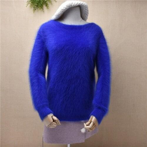 K159 ladies women fashion blue mink cashmere knitted o-neck long sleeves loose pullover angora rabbit fur winter jumper sweater