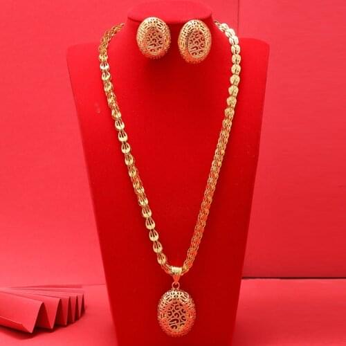 24K Dubai Gold Color Jewelry Sets For Women African India Party Wedding Necklace Pendant Earrings Jewellery Set Engagement Gifts