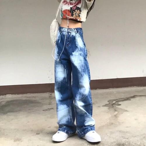 Fashion womens high waist jeans loose street straight-leg tie-dye womens jeans slim wide-leg pants plus size trousers