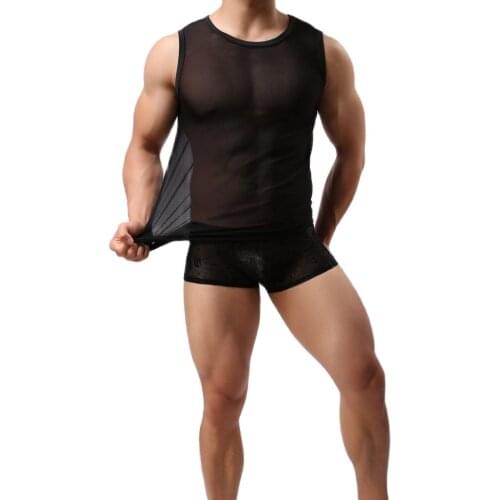 Mens Sleeveless Blouses Full Transparent Mesh Tank Tops Fad Slimming Casual Version Knit Silky Fabric Vest See-Through Blouses