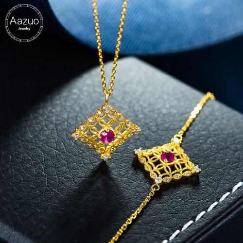 Aazuo 18K Jewelry Set Yellow Gold Real Diamond Natrual Ruby Square Necklace Bracelet Gift For Women Engagement Party Au750 40cm