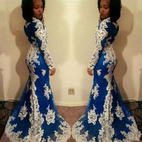 New African Mermaid Prom Gowns Long Sleeves Lace Appliques Party Evening Gowns Formal Robe de soiree Plus Size Aso Ebi