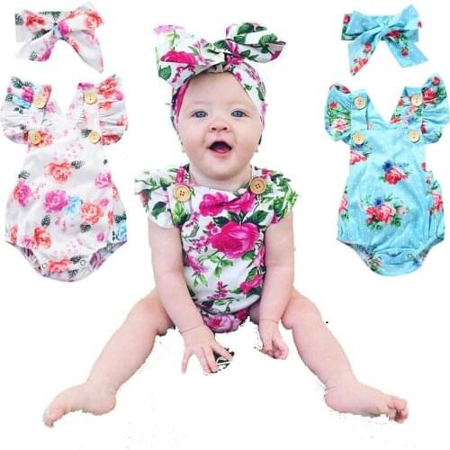 Backless Baby Girl Clothes Headband Clothes Suit Floral Newborn Bodysuit Cotton Infant Clothing Outfit Bow Haidband Jumpsuit Top