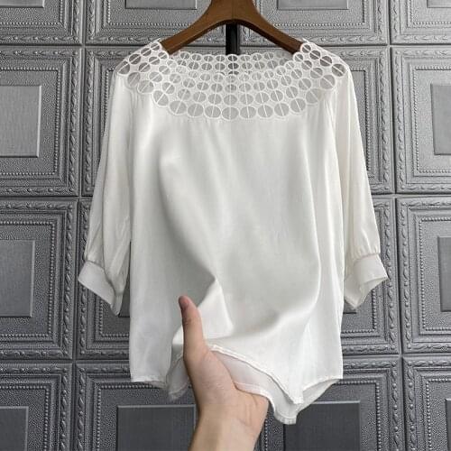 Recommended ! European goods mulberry silk lace collar heavy silk shirt women silk shirt women Tops Blouse