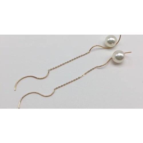 Sinya Au750 18k gold S design earring Round high luster Akoya pearls long chain tassel design dangle earring for women ladies